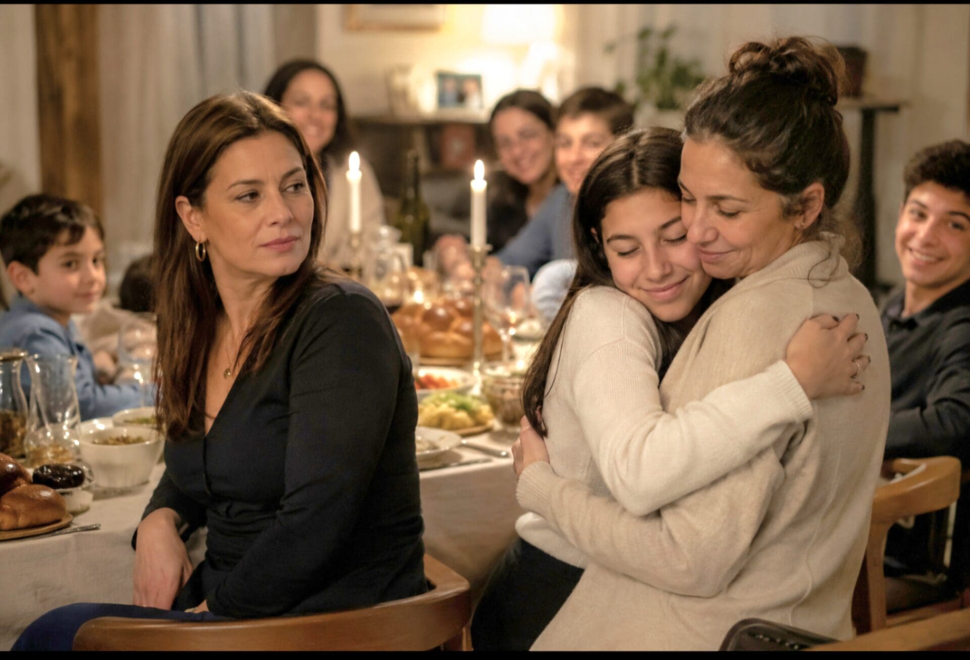 משפחה מתכנסת סביב שולחן השבת (יצירת ai ) פנינה אמור