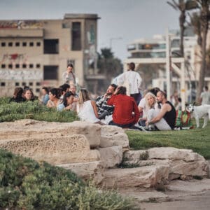 פיקניק, טיילת, בת גלים, חיפה, דשא, מפגש, חברים, כלב, ישיבה, עמידה, פנאי, בילוי, אווירה, חוף, ערב, שקיעה