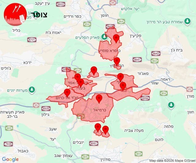 ירי טילים על כרמיאל - שבת 19:25, 30/5/26 (מפה: מערכת צופר)
