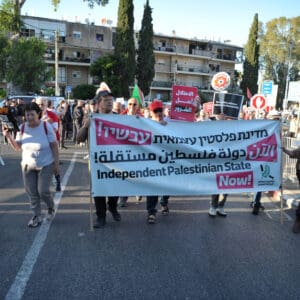הפגנה, מחאה, שלטים, דגלים, דגל ישראל, נאום, נואם, במה, מיקרופון, קהל, אנשים, רחוב, מבנים, עצים, כיכר, צעדת מחאה, כרזות, פוליטיקה, אקטיביזם, התקהלות, פלסטין, פלסטינים, כיבוש, 1967, עימות
