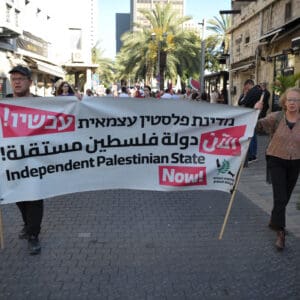 הפגנה, מחאה, שלטים, דגלים, דגל ישראל, נאום, נואם, במה, מיקרופון, קהל, אנשים, רחוב, מבנים, עצים, כיכר, צעדת מחאה, כרזות, פוליטיקה, אקטיביזם, התקהלות, פלסטין, פלסטינים, כיבוש, 1967, עימות