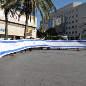 הפגנה, מחאה, שלטים, דגלים, דגל ישראל, נאום, נואם, במה, מיקרופון, קהל, אנשים, רחוב, מבנים, עצים, כיכר, צעדת מחאה, כרזות, פוליטיקה, אקטיביזם, התקהלות, פלסטין, פלסטינים, כיבוש, 1967, עימות