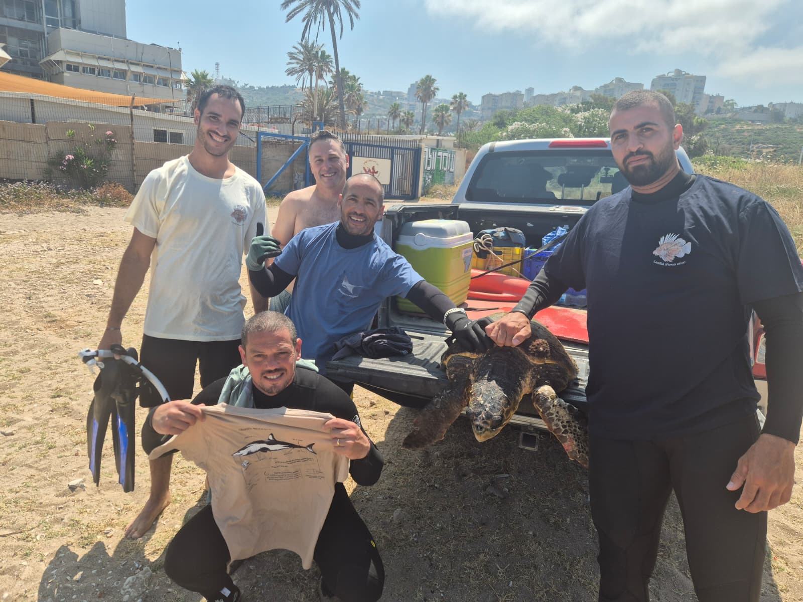 מצילי חיפה חילצו צב ים שנלכד בחוט דיג ופונה לשיקום במכמורת 10/6/26 (צילום: עיריית חיפה)