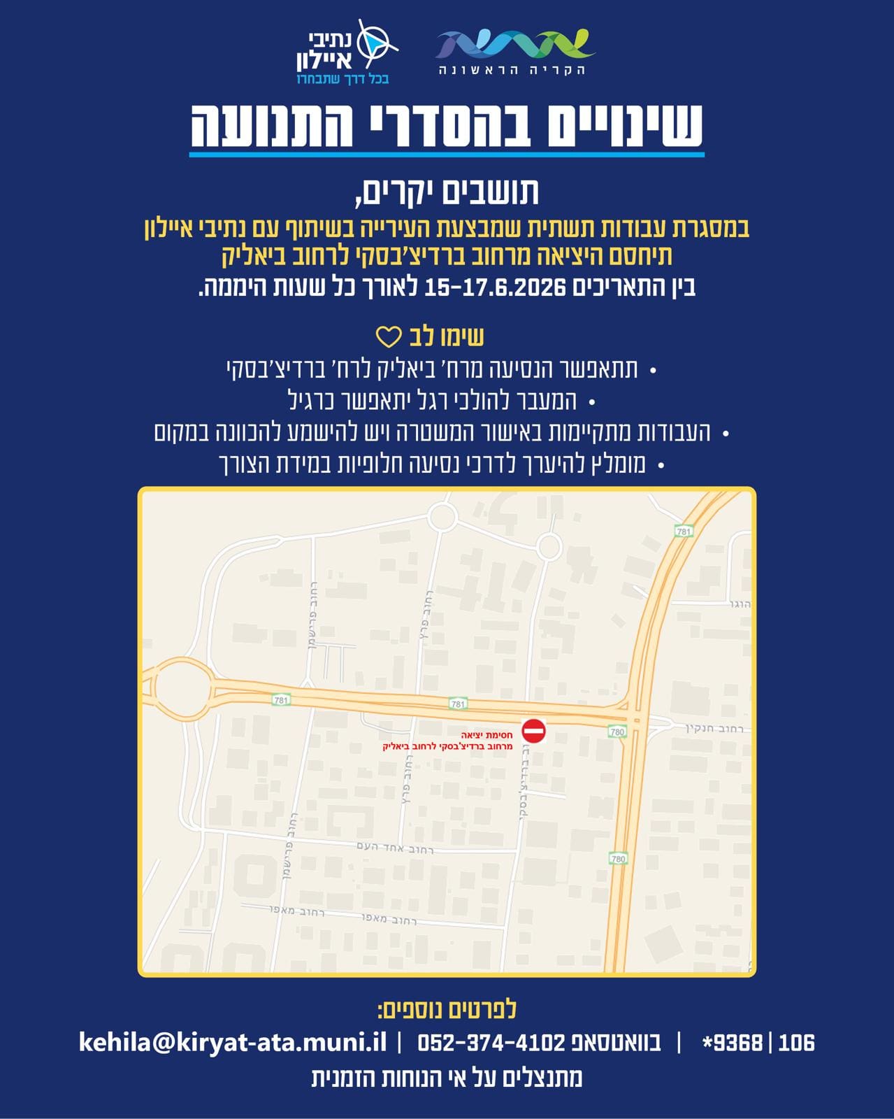 קריית אתא: היציאה מרחוב ברדיצ׳בסקי לרחוב ביאליק תיחסם לשלושה ימים 14/6/26