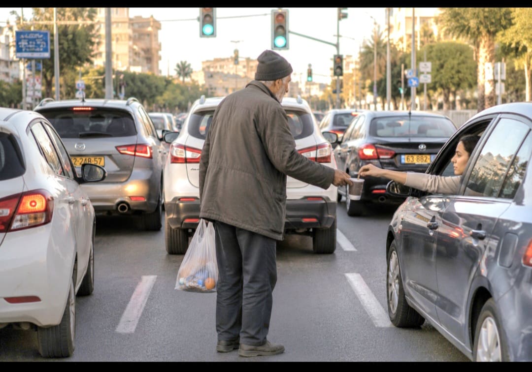 מקבץ נדבות, פוסע לעבר רכבים ברמזור אדום.(יצרת AI) פנינה אמור