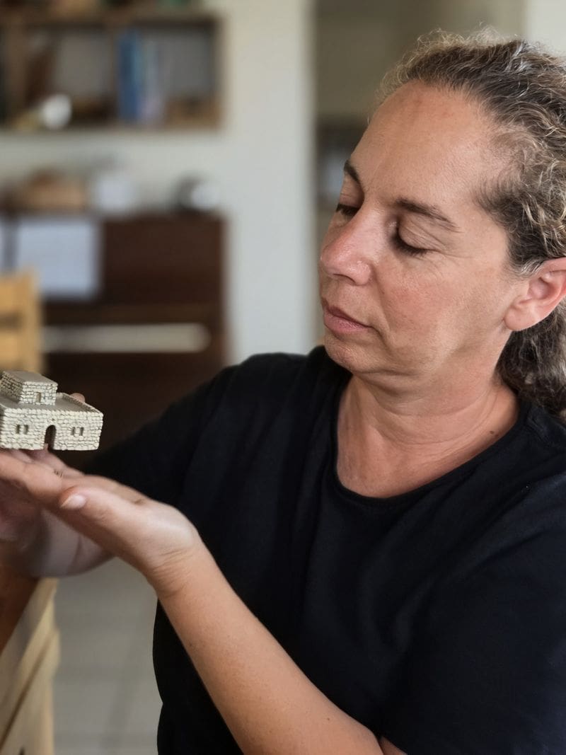 אוצרת התערוכה ד"ר עינת עמבר-ערמון עם חלק מדגם בית הכנסת בעת בנייתו. (צילום: רשות העתיקות)