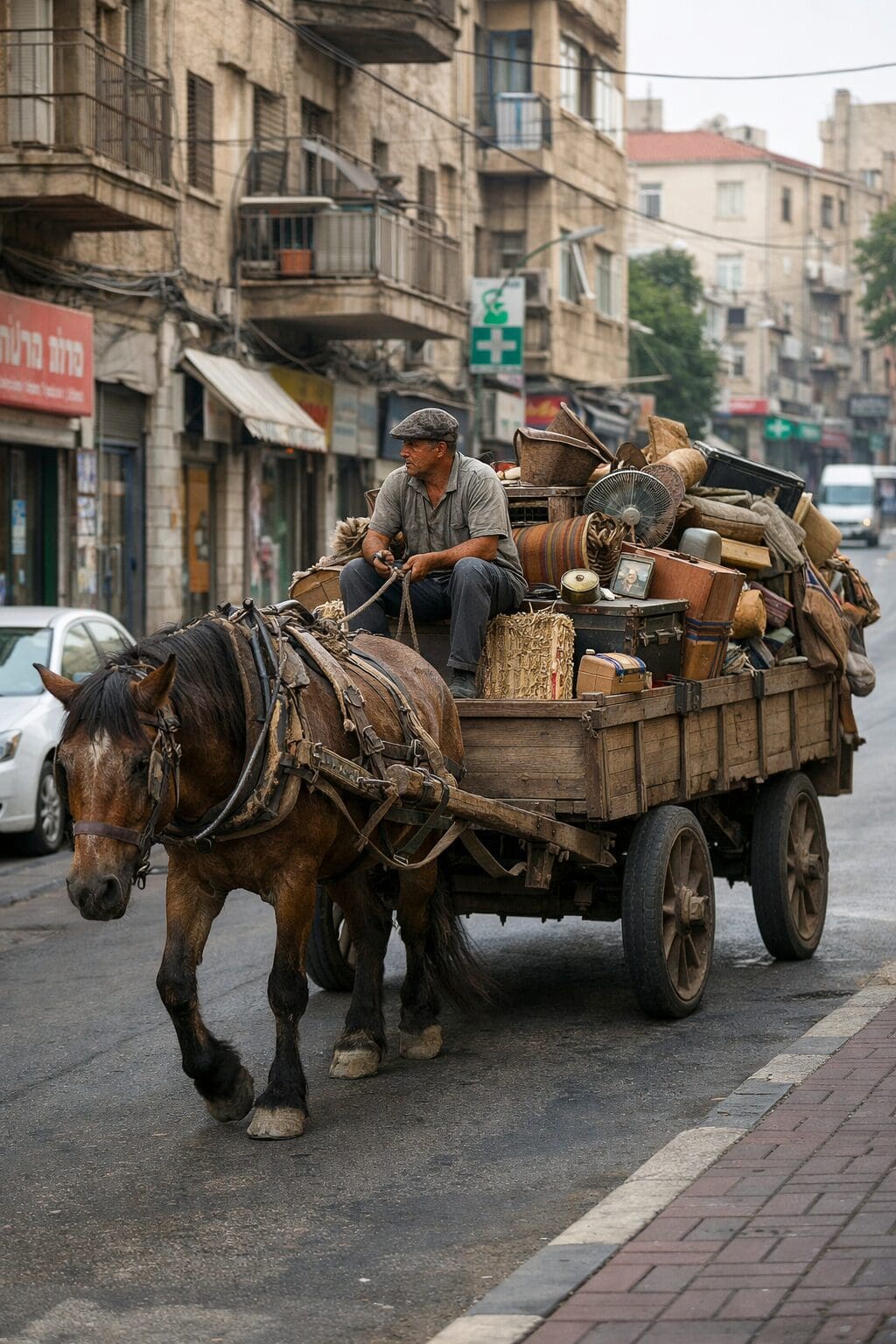 סוס ועגלה ברחובות העיר (AI)