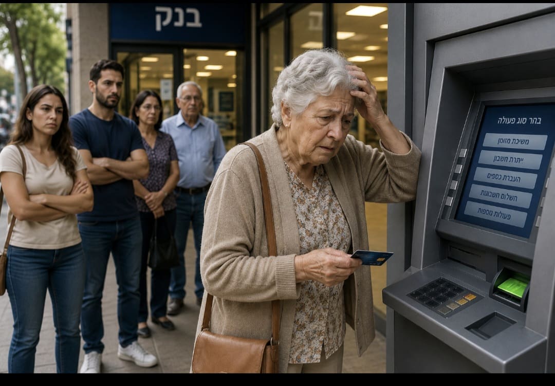 אישה מבוגרת מנסה למשוך את כספה מהכספומט.(יצירת AI) פנינה אמור
