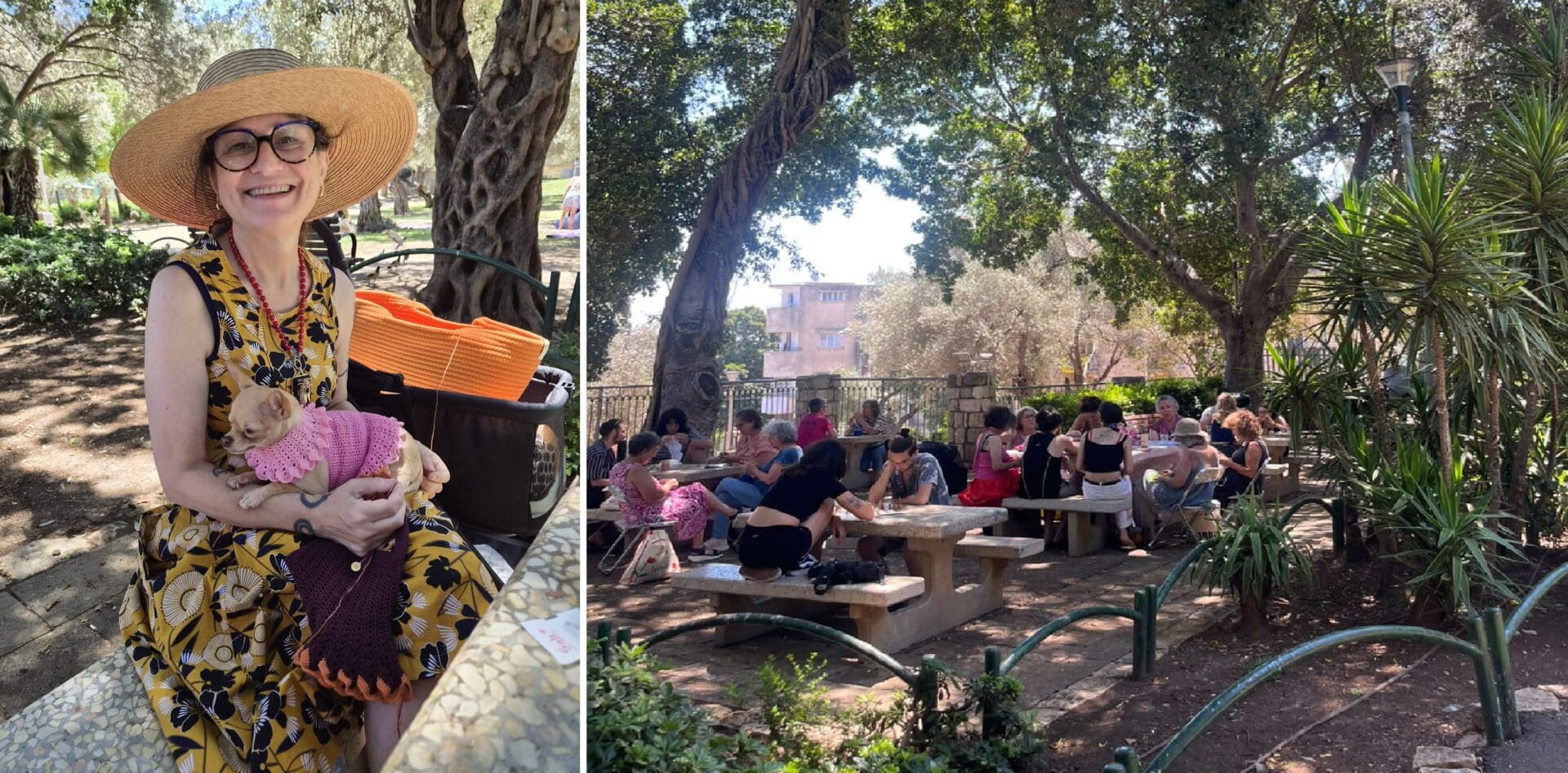 קארין ג'יני סורגת ללולה, עם הקבוצה בגן בנימין (צילום: תמר (תמי) גולדשטיין)