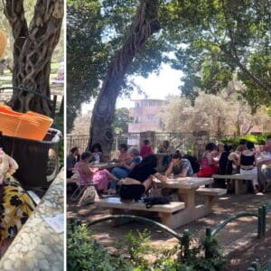 קארין ג'יני סורגת ללולה, עם הקבוצה בגן בנימין (צילום: תמר (תמי) גולדשטיין)