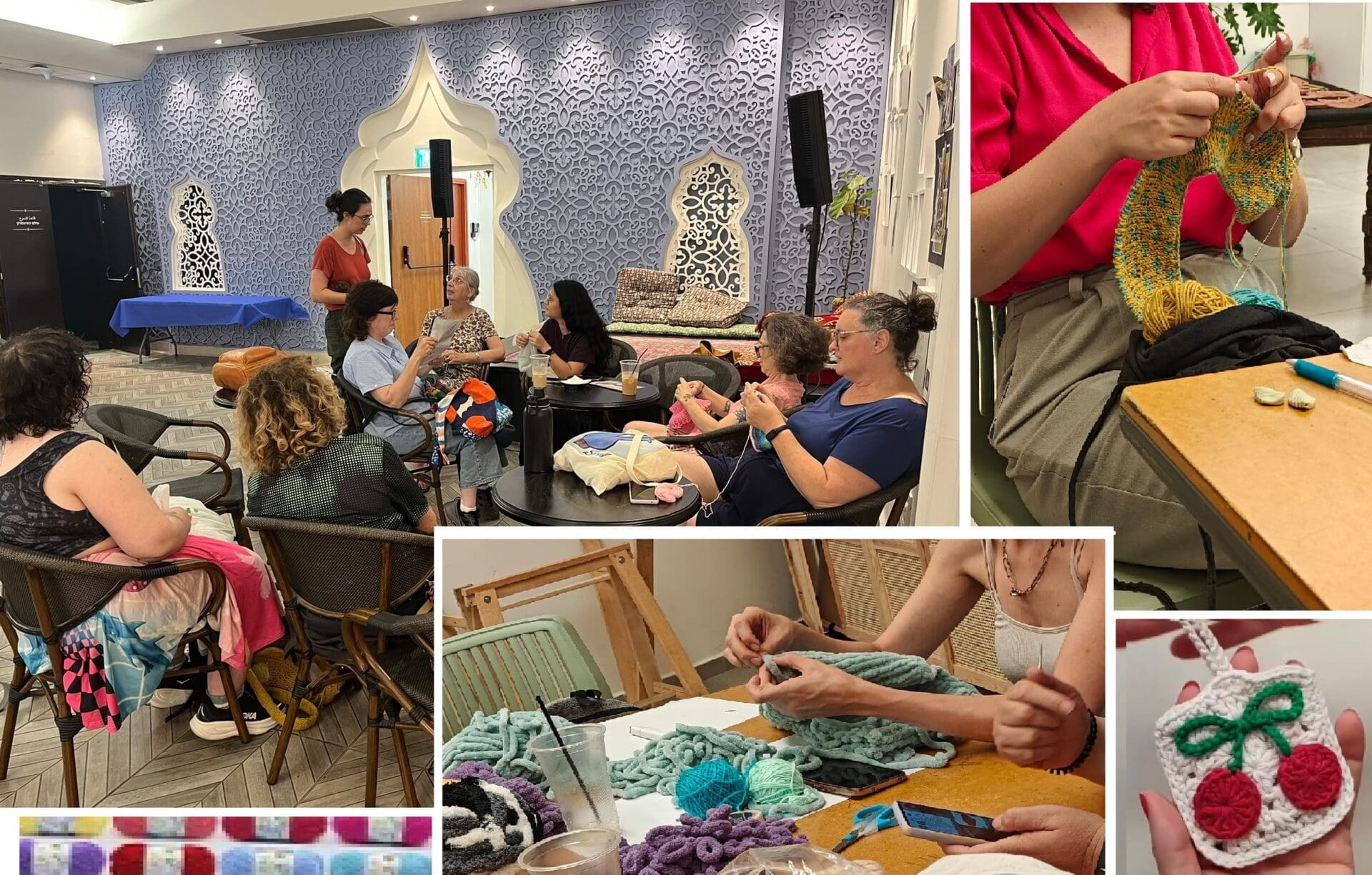 אנג'ל וקהילת הסריגה של בית הגפן. מפגש רב תרבותי קארין ג'יני סורגת ללולה (צילום: תמר (תמי) גולדשטיין)