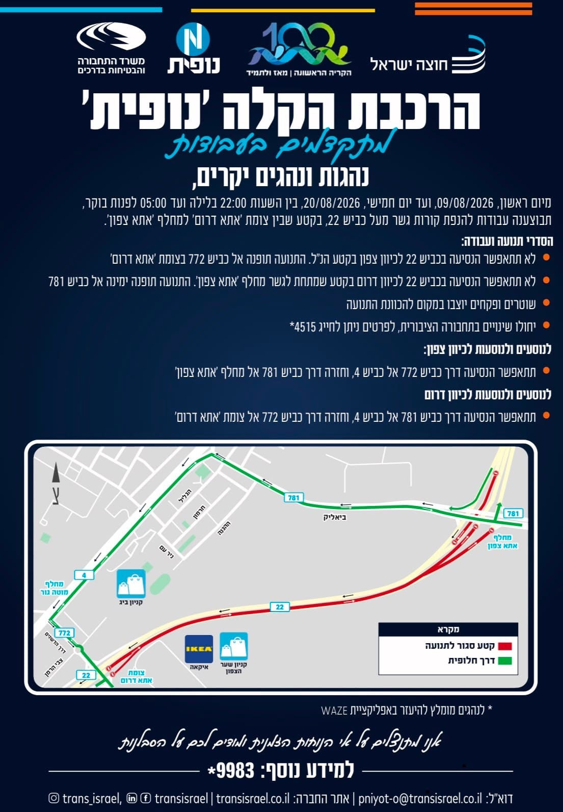 עבודות הרק״ל יגרמו לחסימות לילה בכביש 22 באזור קריית אתא 9/8/26