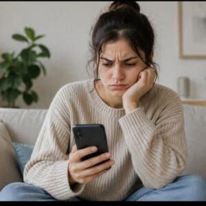 נתינה או ריצוי? הגבול שבו אנו מתחילים לוותר על עצמנו ריקי מבחינה בהודעה שנשלחה אליה מחברתה בטלפון הנייד.(יצירת AI) פנינה אמור