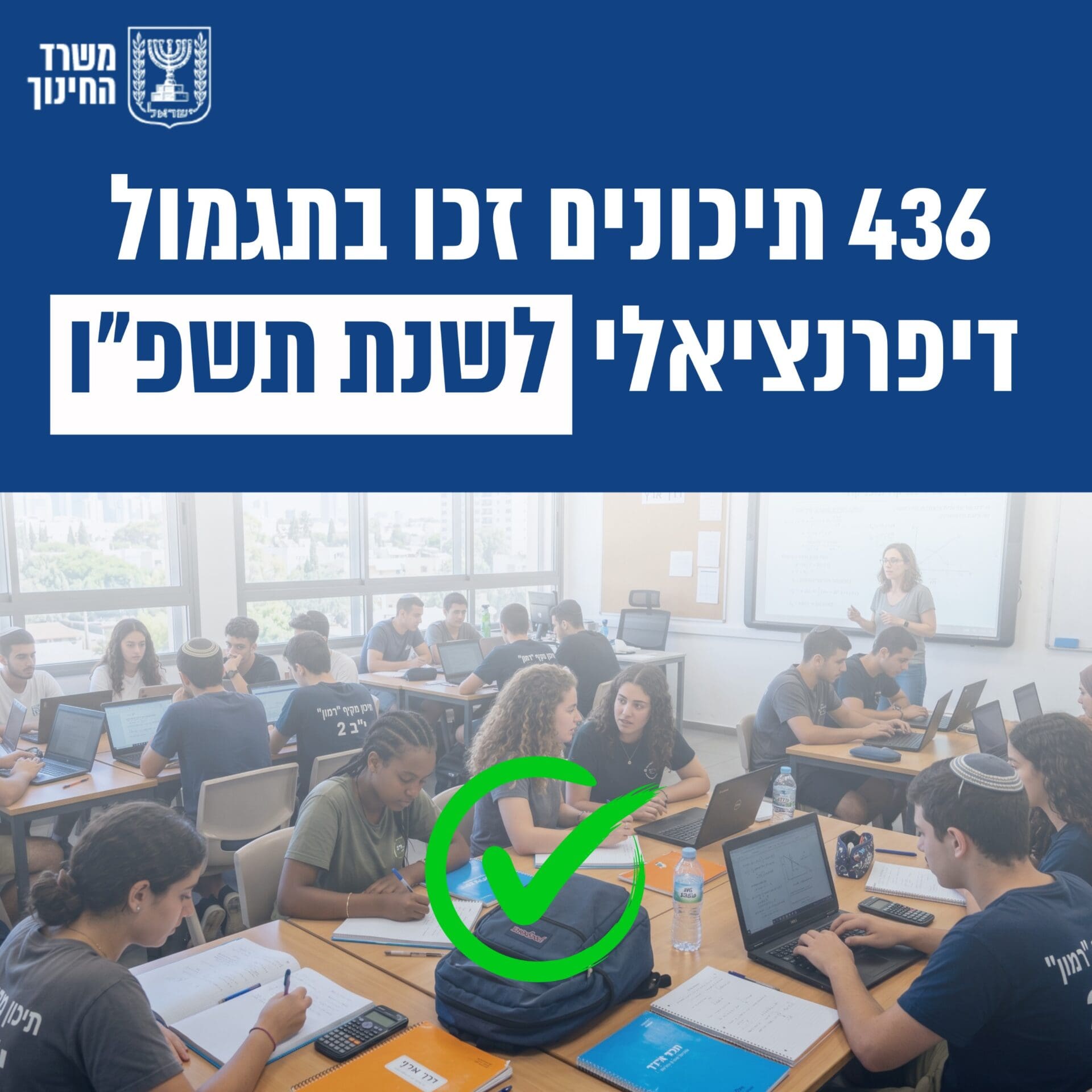 436 בתי ספר תיכוניים זוכים בתגמול הדיפרנציאלי של משרד החינוך לשנת תשפ״ו 23/8/26 (צילום: דוברות משרד החינוך)
