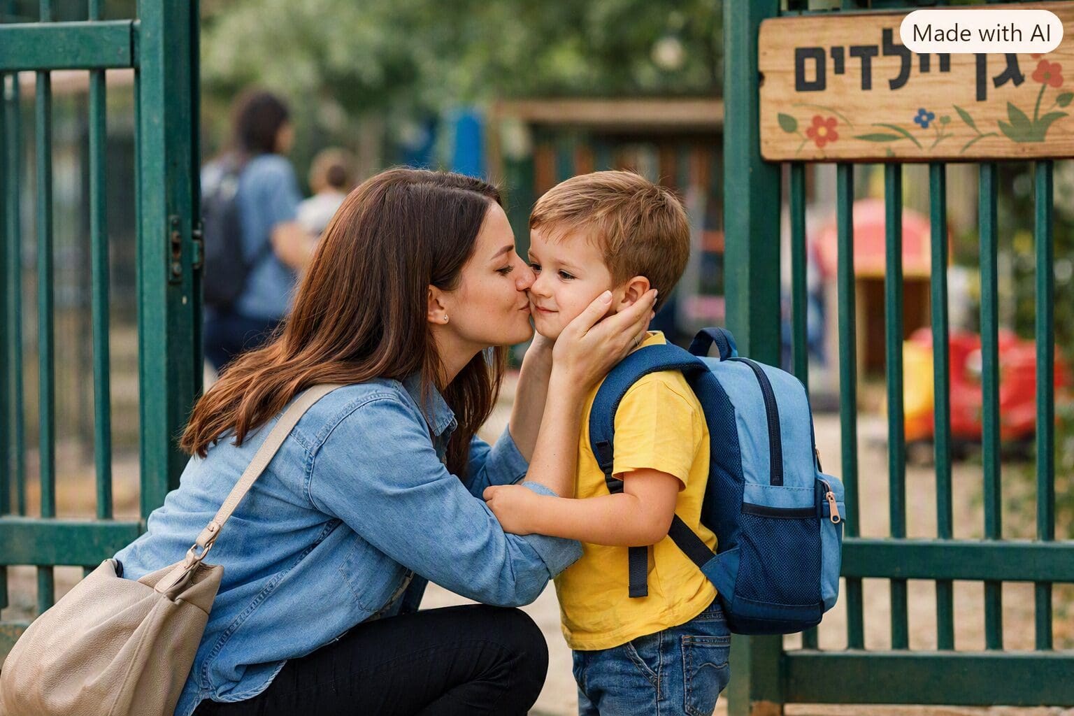 אמא נפרדת מבנה בשער הגן (AI)