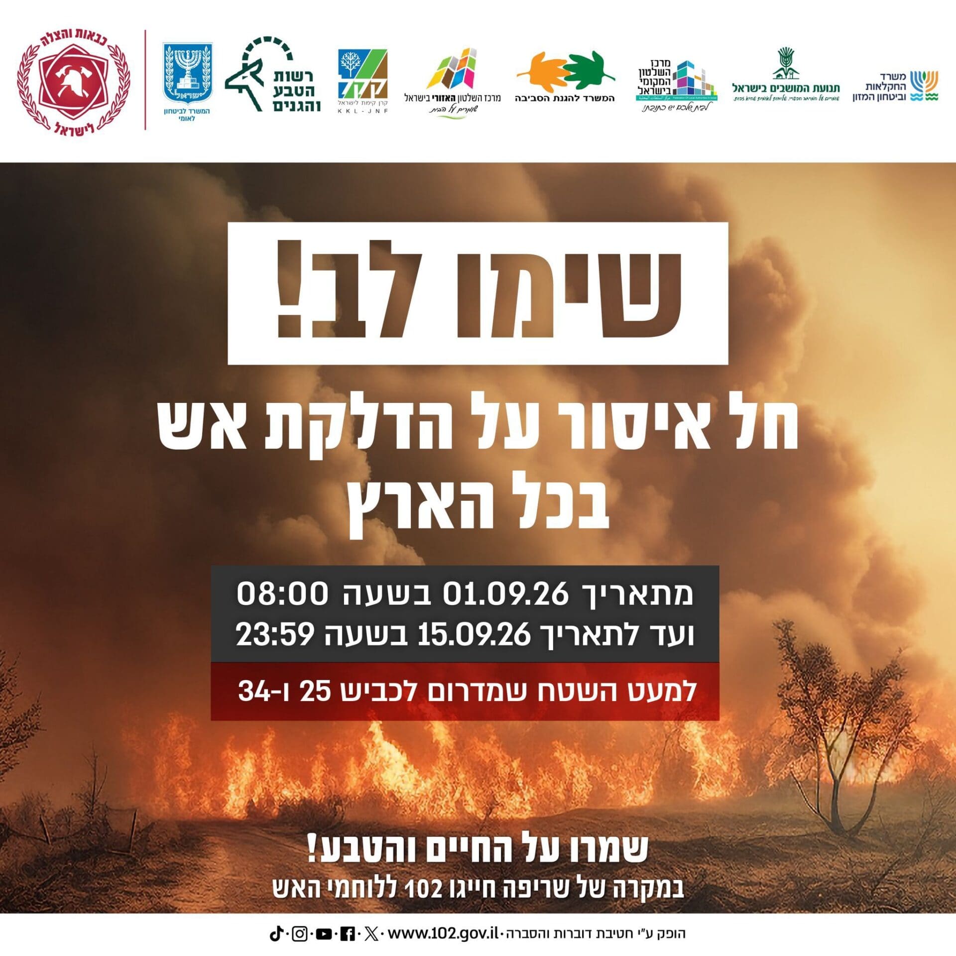 צו איסור הדלקת אש בשטחים פתוחים בכל הארץ 1/9/26 (צילום: כבאות והצלה לישראל)