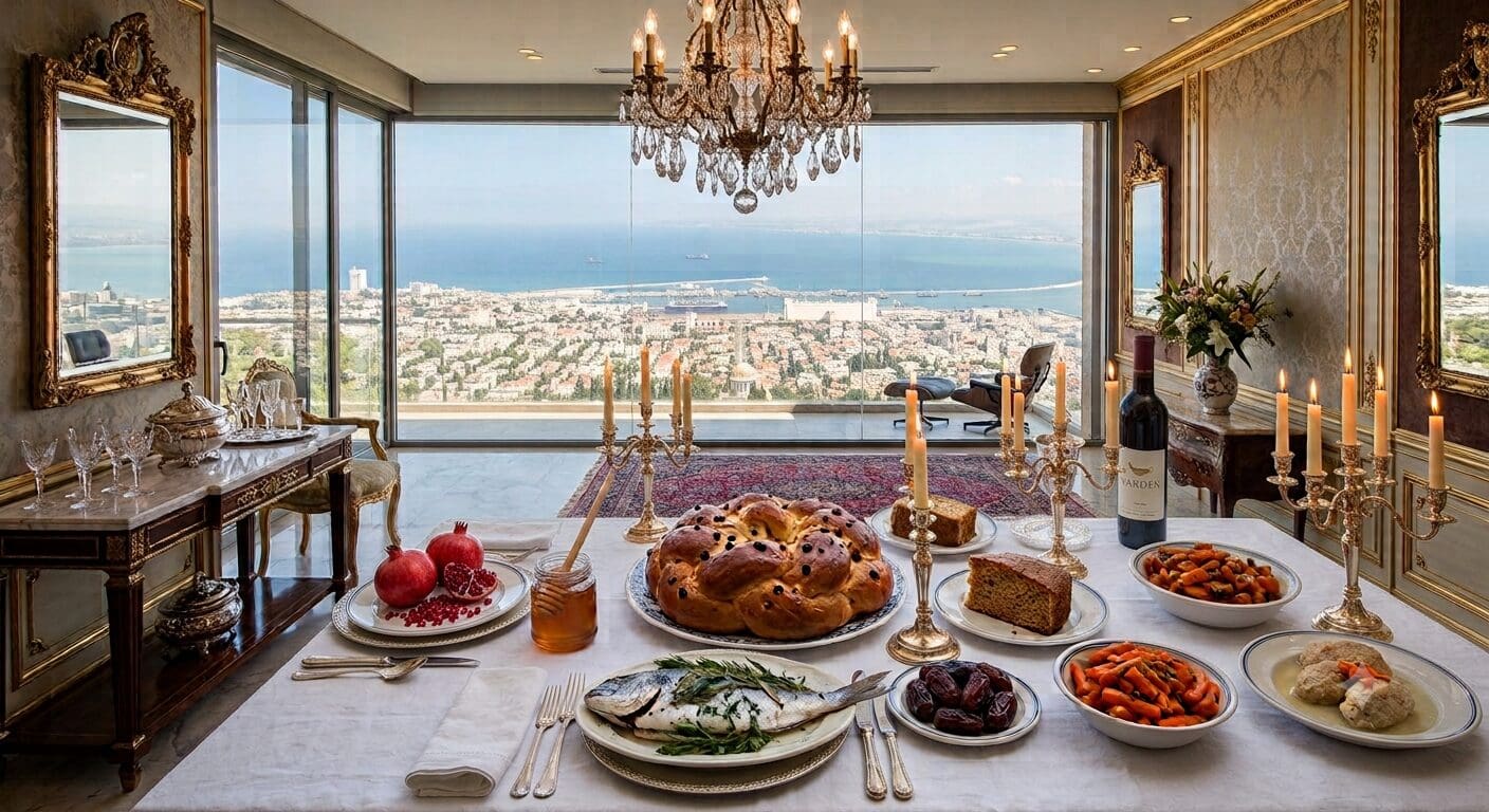 ערה"ש ה'תשפ"ז - שולחן חיפאי לקראת סעודת ערב ראש השנה (צילום: נוצר בתוכנת A.I ע"י רחלי אורבך)