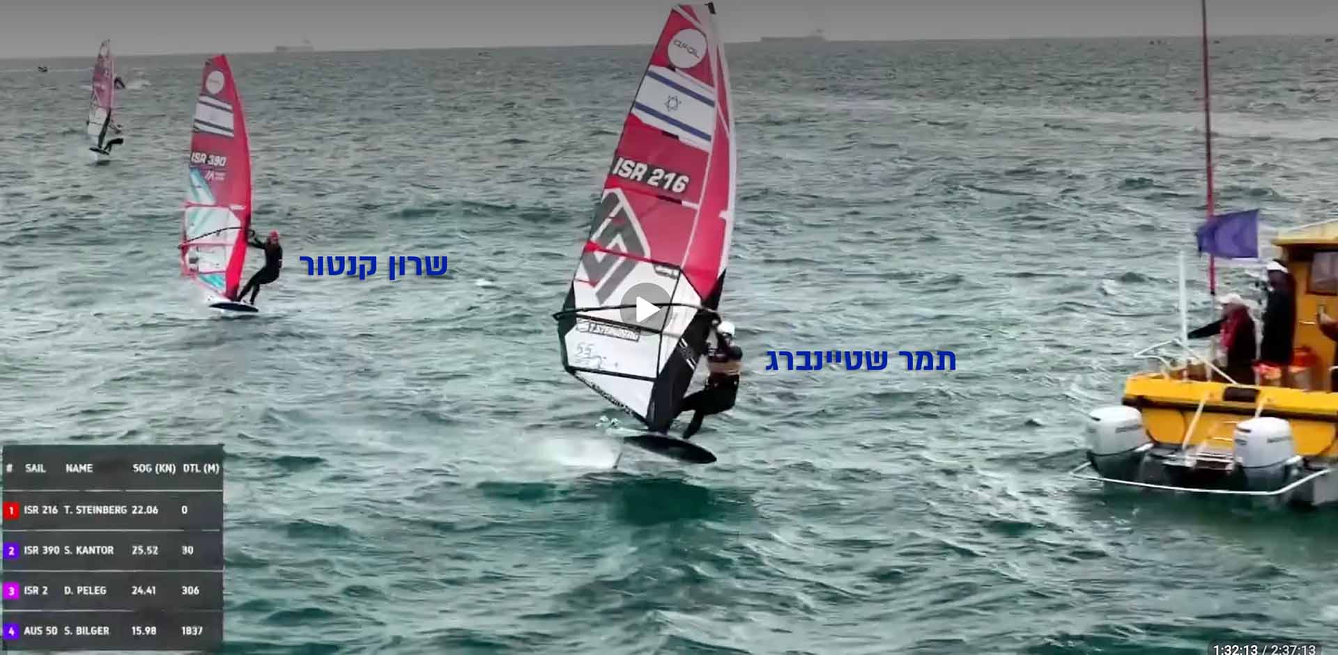 תמר שטיינברג חוצה את קו הגמר באליפות העולם בגלישה 2026 , אחריה שרון קנטור (צילום: אתר התחרות)