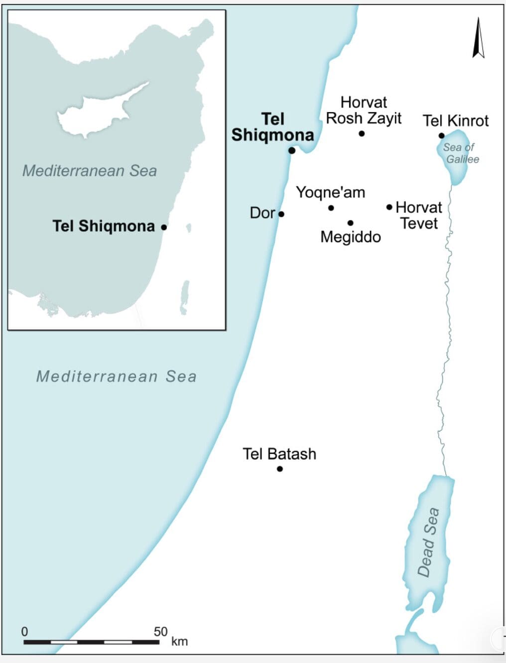 מפת אזור המחקר, המציגה את מיקומו של תל שקמונה ואתרים ארכאולוגיים נוספים המוזכרים במחקר. (גרפיקה: ספיר עד - אוניברסיטת חיפה)